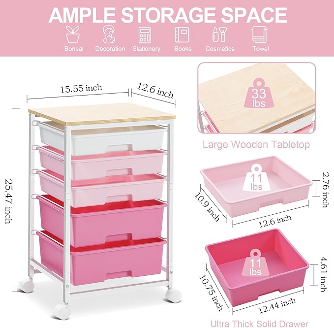 SYKIARIOL Utility Cart with Drawers,5 Drawers Storage Cart,Rose Pink | 5-Tiers Drawer Cart with Wooden Top with Lockable Wheels for Craft Organizers and Storage,Home Office,Classroom,Dorm,Playroom