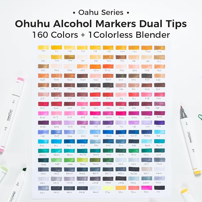 Ohuhu Alcohol Markers - 160-color AP Certificated Double Tipped Art Marker Set for Artist Adults Cozy Coloring Sketch Illustration - Chisel and Fine Dual Tips - Oahu of Ohuhu Markers - Refillable | AP Certified Art Marker, Dual Tips Alcohol-based for A...
