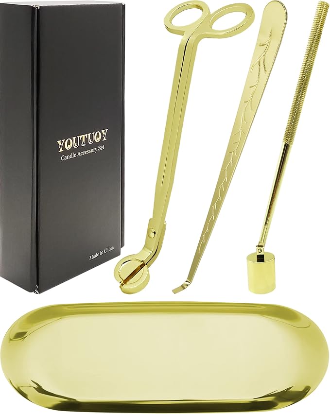 YOUTUOY 4 in1 Candle Accessory Set with Storage Tray Plate, Candle Wick Trimmer, Candle Wick Snuffer, Candle Wick Dipper, Great for Scented Candles Lovers (Gold)