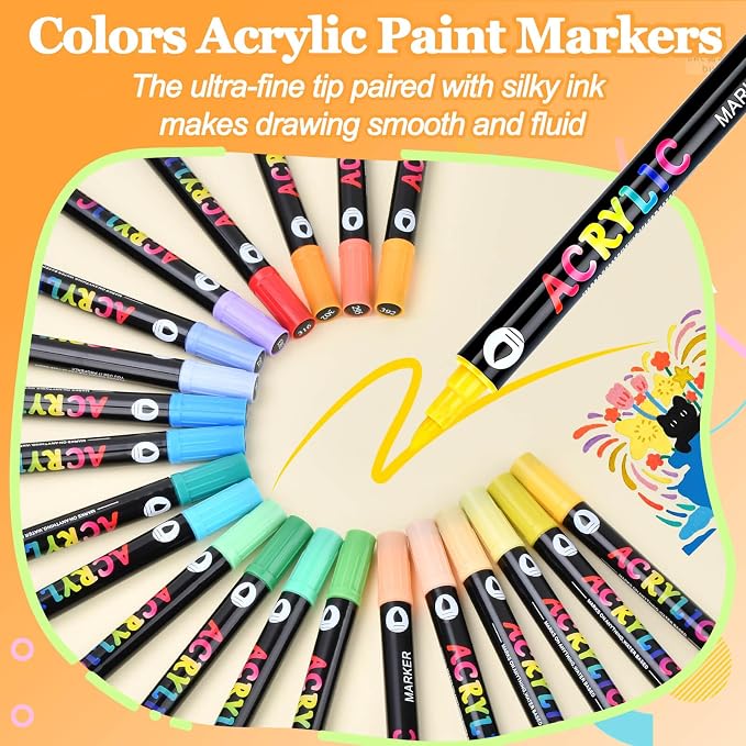 48 Colors Acrylic Paint Markers Set, 24 Pack Dual Brush Tip Acrylic Paint Pens for Stone, Wood, Calligraphy, Canvas, Ceramic, Glass, Rock Painting, Christmas Gifts for Teens, Art Painting Supplies Kit
