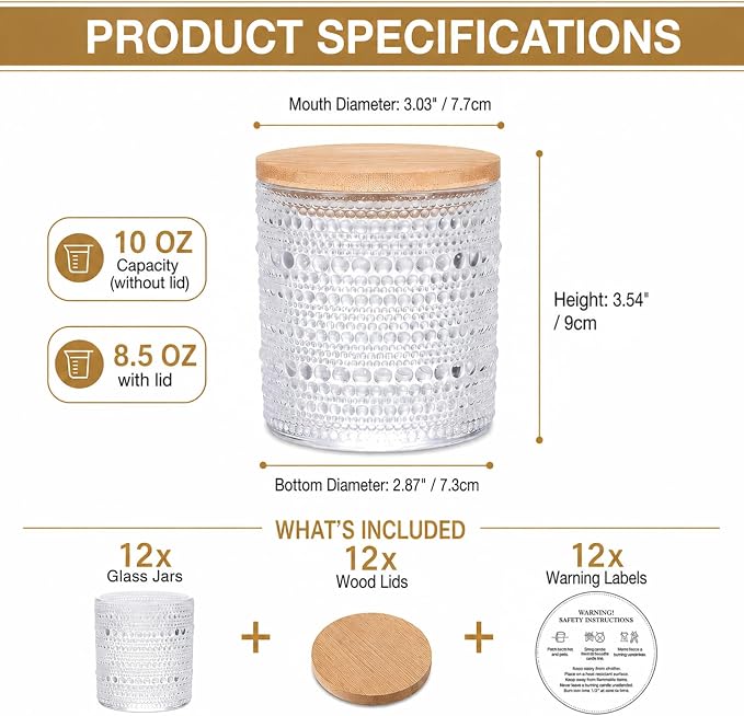 DARJEN 12 Pcs 10 oz Glass Candle Jars with Lids, Candle Tins-Clear | Thick Wall Ribbed Glass, Airtight Wood Lids- The go to candle jar for DIY, thoughtful gifters, growing candle brands