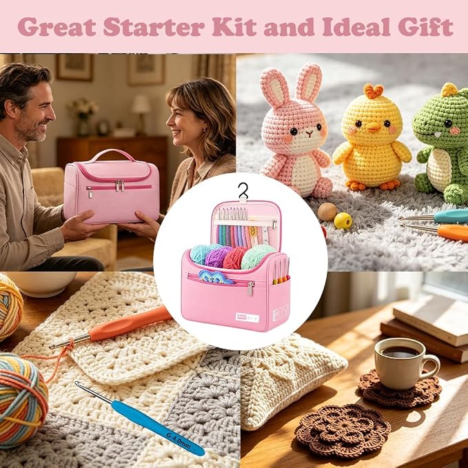 Yarniss Crochet Kit for Beginners,All in One Crochet Kit for Adult,Pink | Crochet Set with 1120 Yards Yarn & 12 Ergonomic Crochet Hooks, Learn to Crochet with Step by Step Video Tutorial