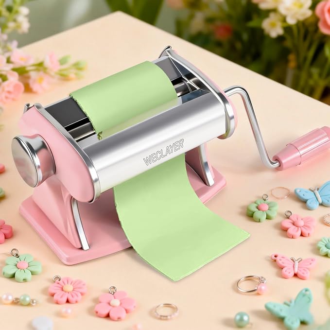 Polymer Clay Press Machine,Clay Roller Machine,Includes Clamp and Hand Crank,Stainless Steel Polymer Clay Tools for Clay Earring Making,7 Thickness Clay Pasta Machine-Pink