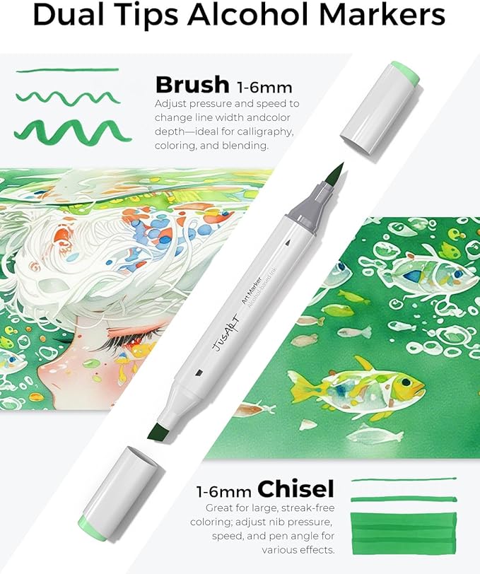 JusArt 72 Colors Alcohol Markers, Dual Tip Brush and Chisel