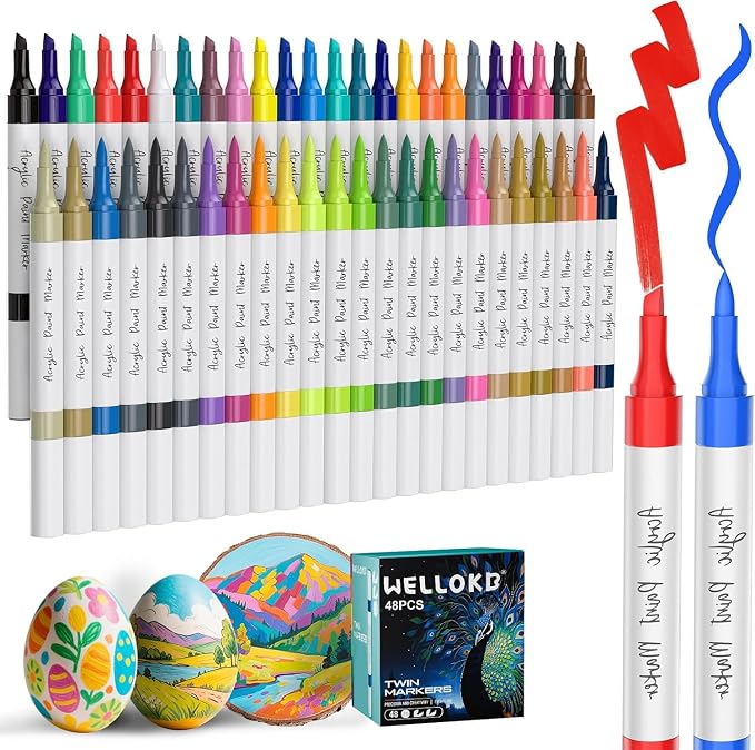 WELLOKB 48 Colors Dual Tip Chisel & Brush Acrylic Paint Markers, Fabric Markers, Permanent Acrylic Paint Pens for Wood, Glass, Rocks, Paper, Coloring book, Ceramic, DIY Crafts for Adults