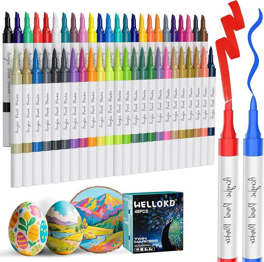 WELLOKB 48 Colors Dual Tip Chisel & Brush Acrylic Paint Markers, Fabric Markers, Permanent Acrylic Paint Pens for Wood, Glass, Rocks, Paper, Coloring book, Ceramic, DIY Crafts for Adults