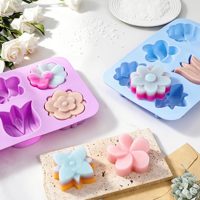 SJ Silicone Molds for Crafts, 2 Pack Tulip and Flower Soap Molds | 6 Cavities with Assorted Blossom Designs, Flexible, Easy-Release for Plaster, Resin, Bath Bombs, Wax and DIY Projects
