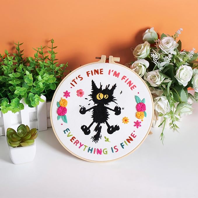Louise Maelys Cute Cat Embroidery Kit for Beginners DIY Needlepoint | Adults Starter Cross Stitch Kits with Funny Animal Pattern, Complete Needlepoint Kit with Hoop, Threads, Needles and Guide