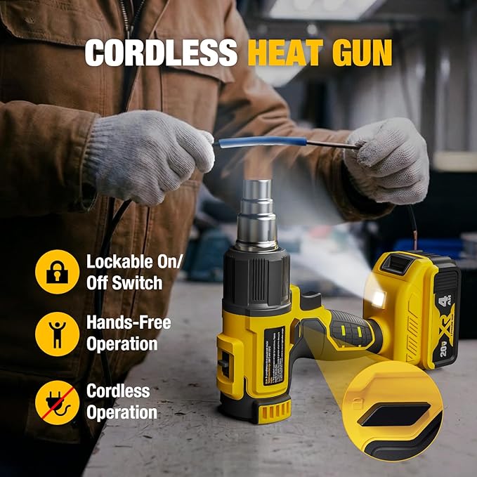 Cordless Heat Gun for DeWALT 20V MAX Battery, 7Pcs Nozzles&Scraper, LED Light, 350W Fast Heating Soldering Hot Air Gun, 2-Temp Setting Max 990℉(532℃), Heat gun for Shrink Tubing, Crafts (Tool Only)