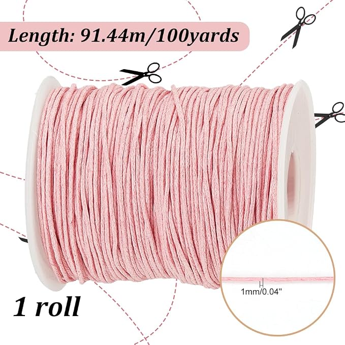 PandaHall 1 Roll 1mm 100 Yards Waxed Cotton Cord Thread Beading String for Jewelry Making Crafting Beading Macrame Pink
