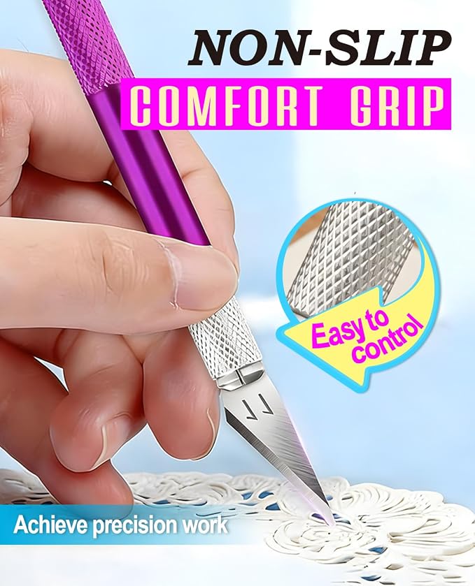 DIYSELF Craft Hobby Knife Set with 10 Extra #11 Blades, 6-Inch Metal Ruler | Exacto Knife for Crafting, Precision Cutting for Polymer Clay, Paper, Vinyl, Stencils & Models, Artists & Hobbyists, Purple