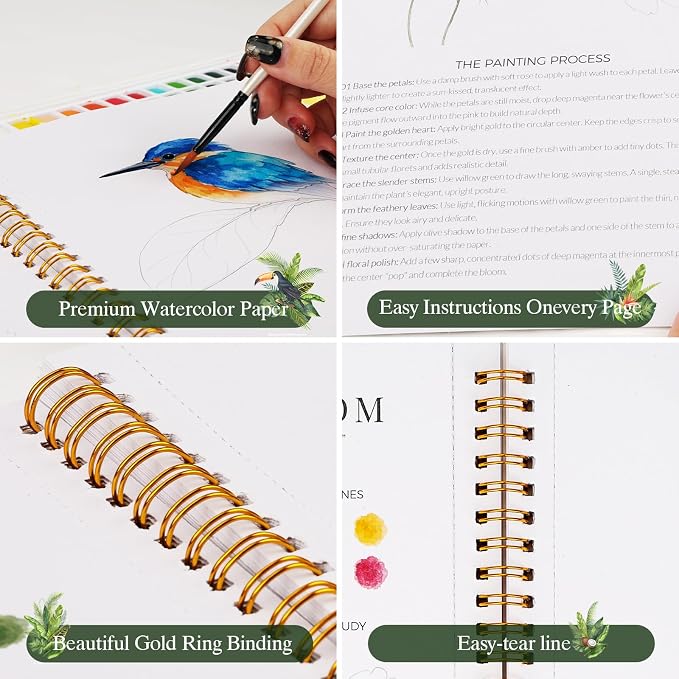 Watercolor Workbook for Beginners,18 Rich Tropics Exotic Rainforest Water Coloring Book,Relaxing & Easy to Paint Water Coloring Book with 24 Colors-Perfect for Gifting to Creativity & Joy for Adults