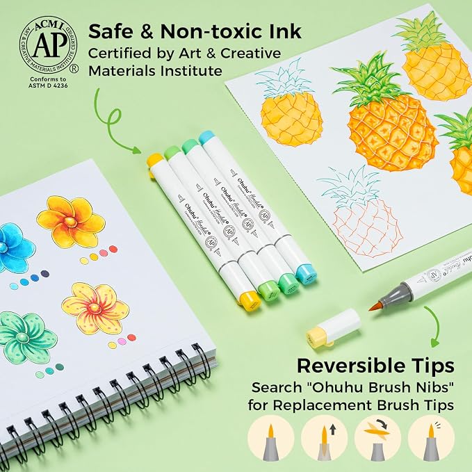 Ohuhu Alcohol Markers Brush& Chisel 48 Colors for Adult Coloring Refillable | AP Certified Art Marker Set, Dual Tips Alcohol-based for Artists Beginners Drawing Illustration Sketching, Honolulu 2