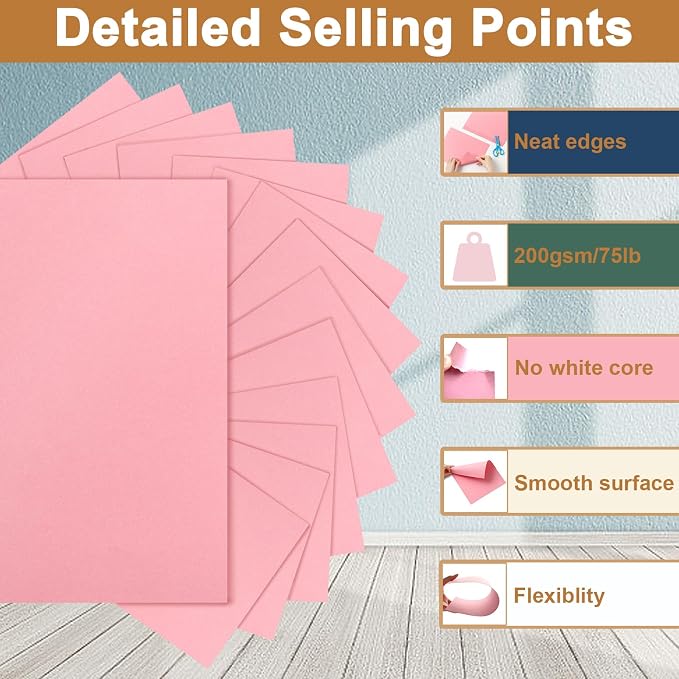 Silunkia 100 Sheets Pink Cardstock 5 Assorted Size Craft Paper 75lb