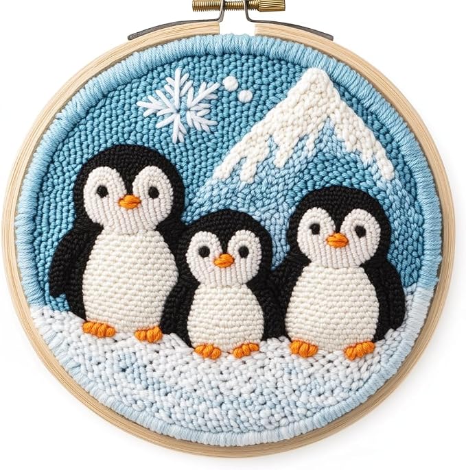 DIY Punch Needle Kits Penguins Family Snow Mountain with Hoop 20x20cm-3 | with Pattern Stamped Easy for Beginners Embroidery Punch Needle Starter Craft Set for Adults Festival Gift and Decoration