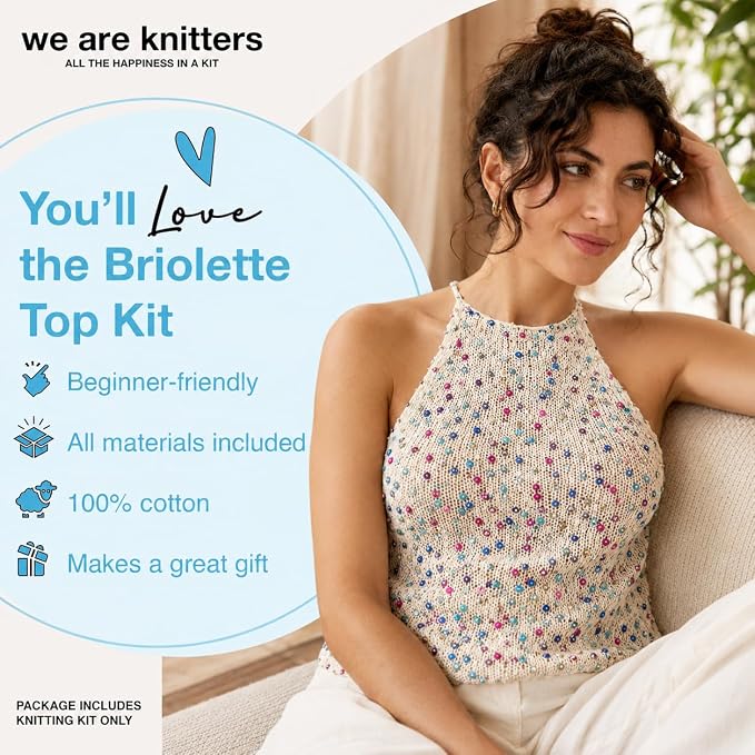 We Are Knitters Briolette Top Knitting Kit | Limited Edition DIY Knitting Kit for Women | Beginner-Friendly Top Kit with 3 Dancing Queen Opalite Cotton Yarn, Pattern & 1 Needles