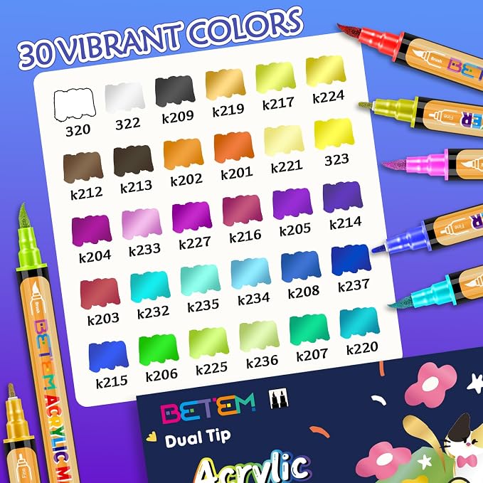 Betem 30 Metallic Paint Markers for Glass, Dual Tip Acrylic Paint Pens | Window, Fabric, Wood, Rock, Canvas, Acrylic Markers with Fine & Brush Tip, Art & Craft Supplies, Wine Glass Markers