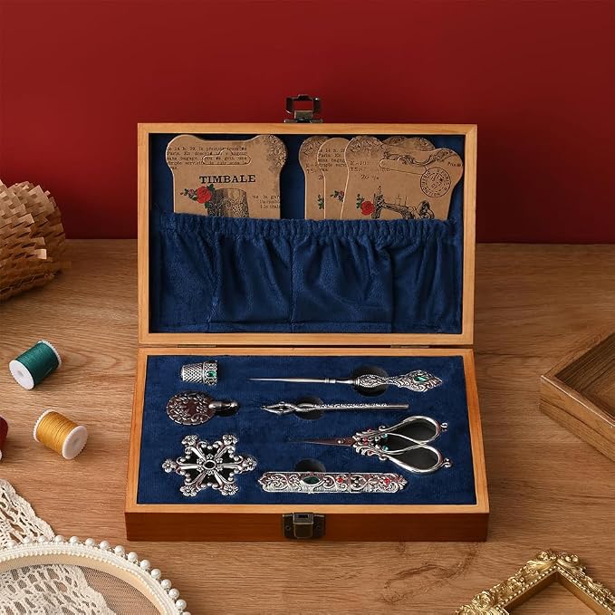 NOTIONSLAND Vintage Embroidery Scissors Kit, Stainless Steel Sewing Tools, Scissors, Sewing Awl, Needle Case, Thimble, Winding Board for Sewing, Knitting, Cross Stitch, Quilting, Silver