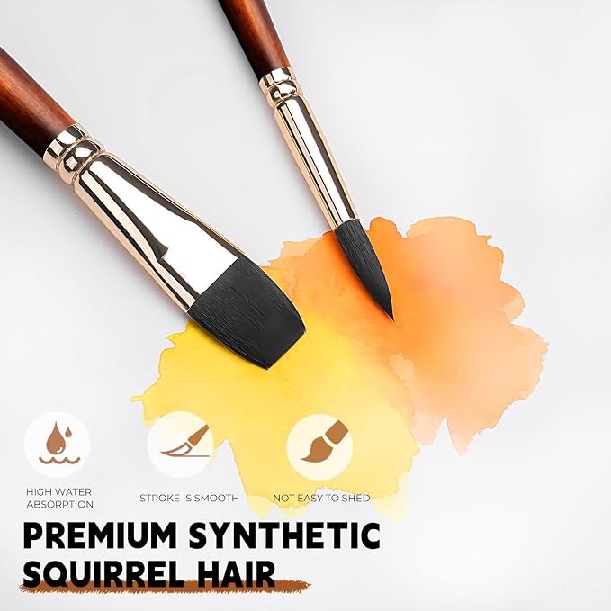 Watercolor Brushes Professional, Fuumuui 10Pcs Synthetic Squirrel Hair Water Color Paint Brush Set for Artists - Flat, Round Pointed, Dagger, Cats Tongue Oval Wash for Watercolor Gouache Inks Painting