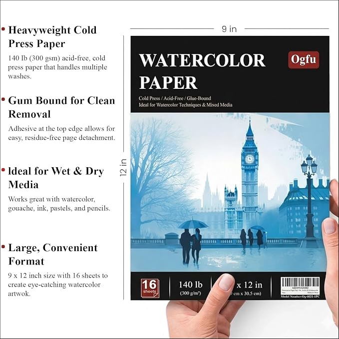 Ogfu Watercolor Paper Pad, 9"x12" Water Color Paper, 140lb/300gsm | Watercolor Sketchbook for Beginners, Students, Art Paper for Watercolor Painting, Drawing & Art Supplies,16 Sheets