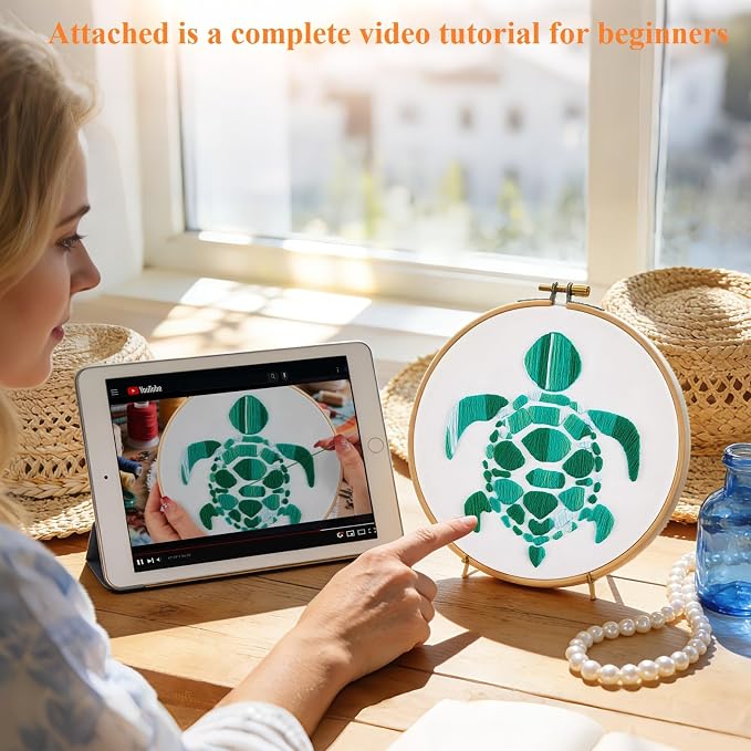 Sea Turtle Embroidery Kits for Beginners Adults, Hand DIY Embroidery Starter Kit, Stamped Cross Stitch Kits for Beginners Adult Craft Kits for Women, Entire Set of Embroidery Supplies & Video Tutorial