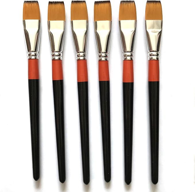 3/4 Inch Flat Bright Paint Brush Set of 6, Premium Taklon Synthetic Hair | No Shedding Bristles for Acrylic Watercolor Oil Gouache Tempera Enamel Ink Painting for Students, Professionals & Artists