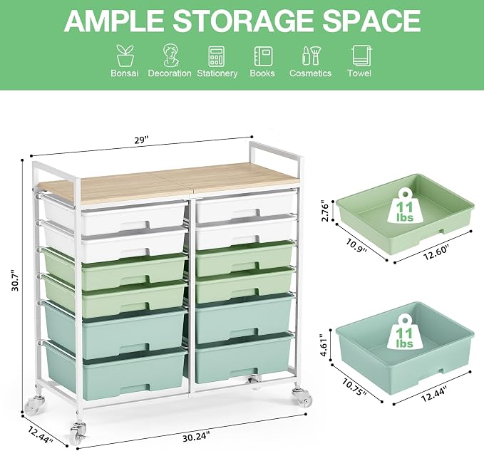 TOOLF 12 Drawers Rolling Storage Cart with Wooden Top for Classroom,Green | Teacher Cart Craft Art Supply Organizer, Utility Cart with Lockable Wheels for Home Household Essentials, Office Organization