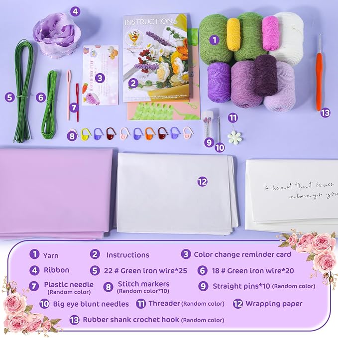Iuuidu Crochet Kit for Beginners, Flower Bouquet Crochet Kit Rose Purple