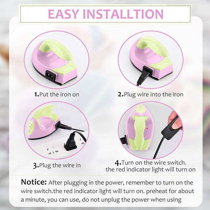 Honoson Mini Craft Iron Mini Heat Press Small Iron 3.93 x 2.36 x 2.76 Portable Tiny Flatiron with Charging Base Accessory for Fuse Bead Patch DIY Heat Transfer Vinyl (Light Yellow, Light Pink)