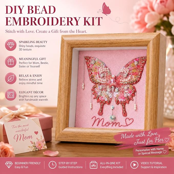 LKTEE Butterfly Bead Embroidery Kit, Hand Embroidery Starter Kit for Beginners Adults with Wooden Frame, Beaded Embroidery Kits DIY Craft Sewing Supplies for Gift Home Decoration (Pink)