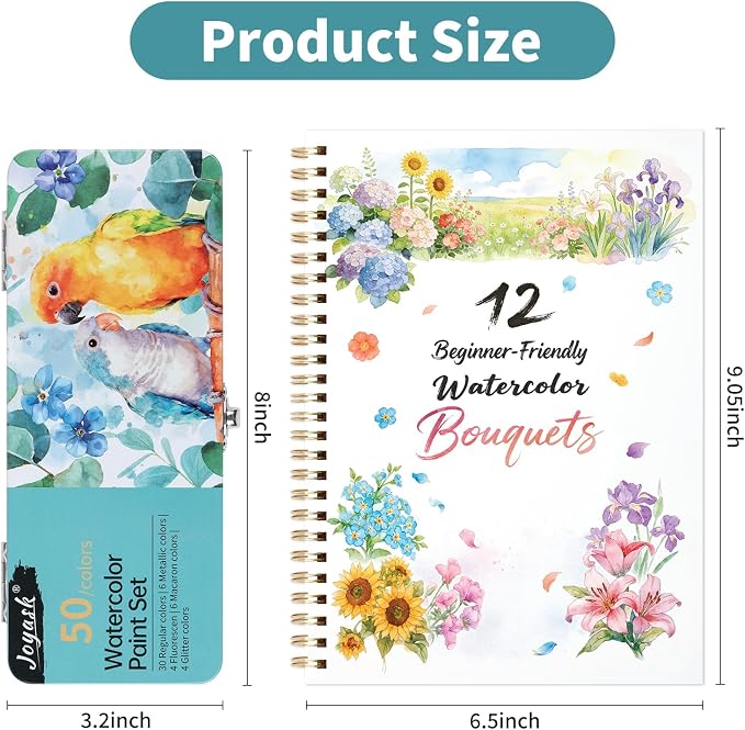 Watercolor Workbook, Water Coloring Book, 12 Different Patterns of Original DIY Designs, 50 Colors Watercolor Paint Set with Palette and Brush, Beginner-Friendly Watercolor Workbooks (Bouquets)