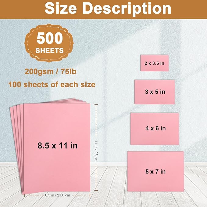 Silunkia 500 Sheets Candy Pink Cardstock 5 Assorted Size Crafts Paper 75lb