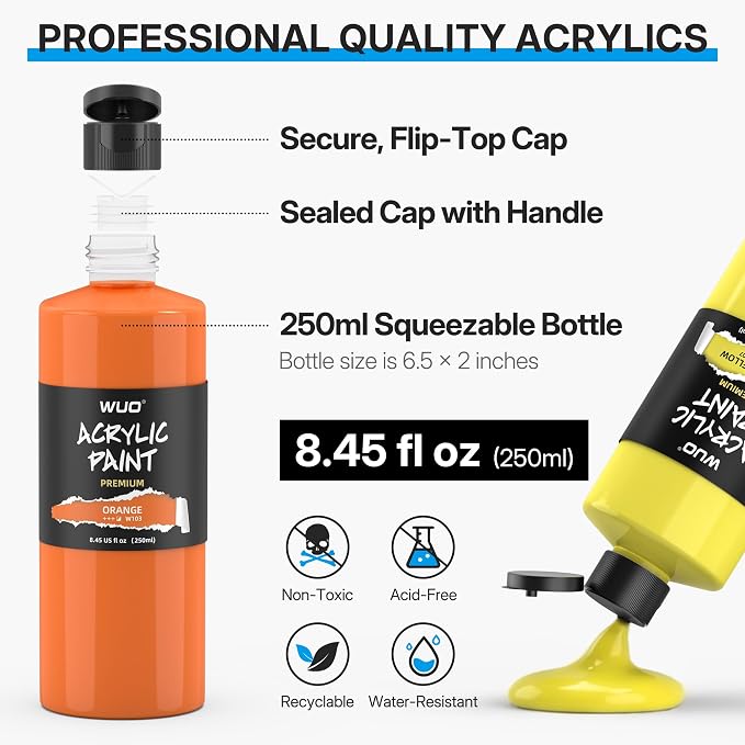 WUO 12 Colors Acrylic Paint Set, 250ml/8.45oz Bottles Artists Acrylic Paint | Large Bulk Rich Pigment Non-Toxic Waterproof Multi-Surface Painting Supplies for Beginners on Canvas Wood Rock Ceramic Crafts