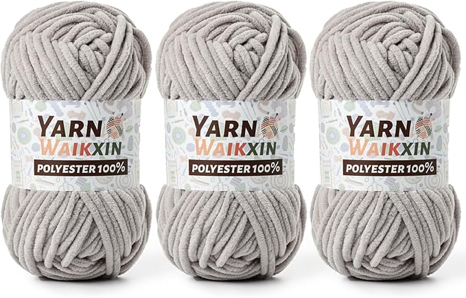 3 Light Gray Soft Chenille Yarn for Crocheting, Fluffy Chunky Crochet Yarn for Baby Blanket, (10.58oz/393yds) Fuzzy Velvet Yarn for Amigurumi&DIY Puzzle、Crafts、Scarf