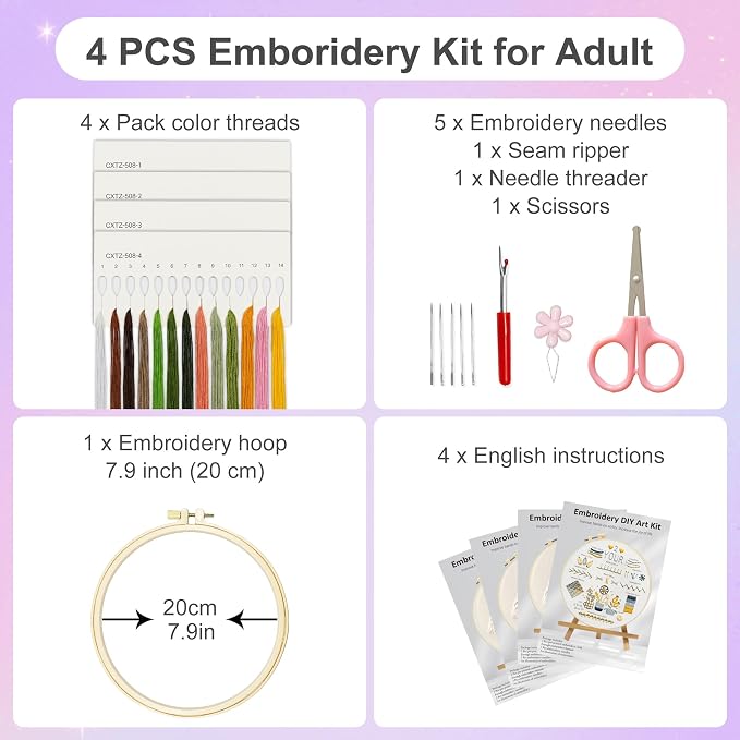 Huacan Embroidery Kit for Beginners with Tutorial Video & Gift Box | DIY Pre-printed Stitch Practice Patterns, 7.9×7.9 inch Fabric, Complete Embroidery Supplies with Gift Box for Beginners