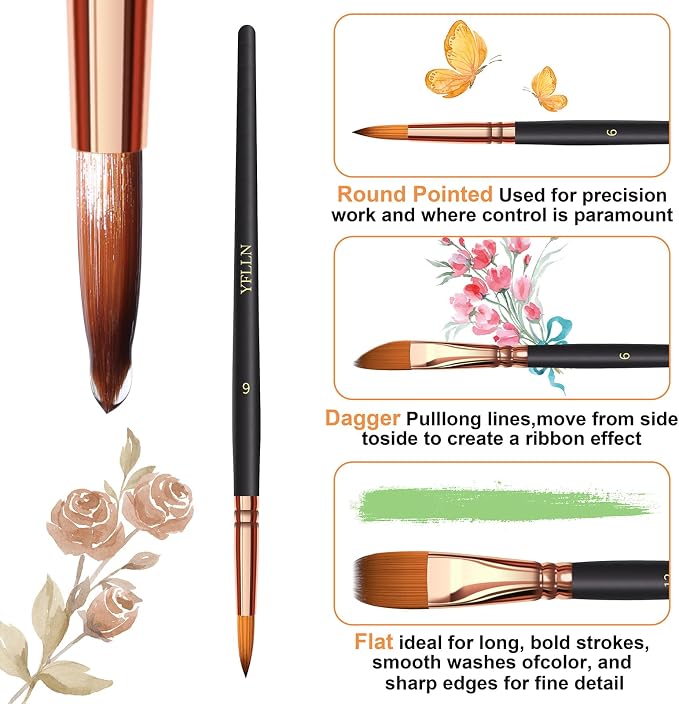 Paint Brush Set 6 Different Shapes for Watercolor Rock Face Painting Brush, Artist Craft Brush Supplies, Paint Brush Set for All Purposes Adult Painting (6)