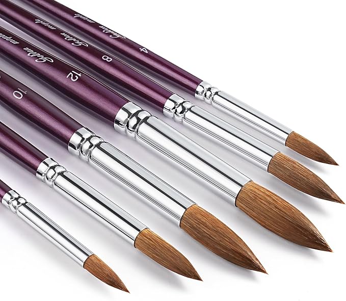 Golden Maple Professional Watercolor Brushes Set - 6PC Natural Hair Horsehair Round Point Artist Paint Brushes for Adults Watercolor Acrylic Ink Gouache Painting Supplies