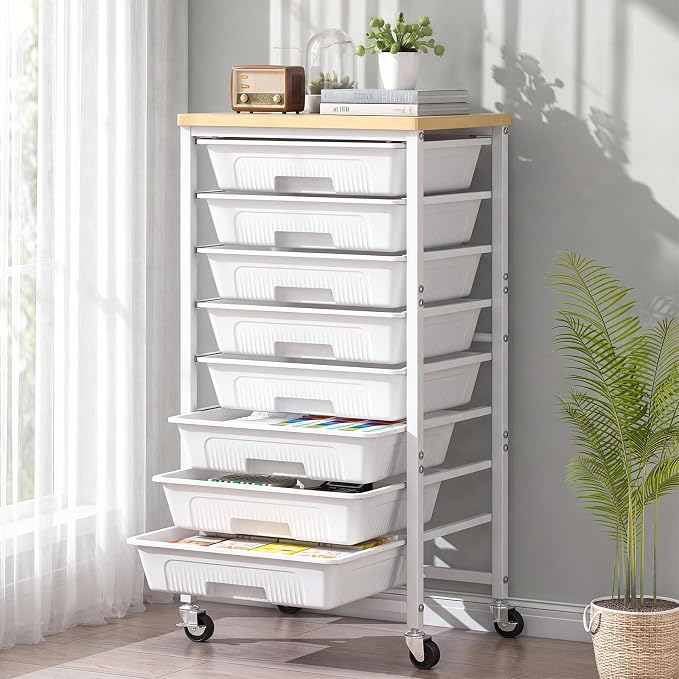 caktraie 8-Drawers Rolling Cart, Craft Storage Utility Cart, White layer