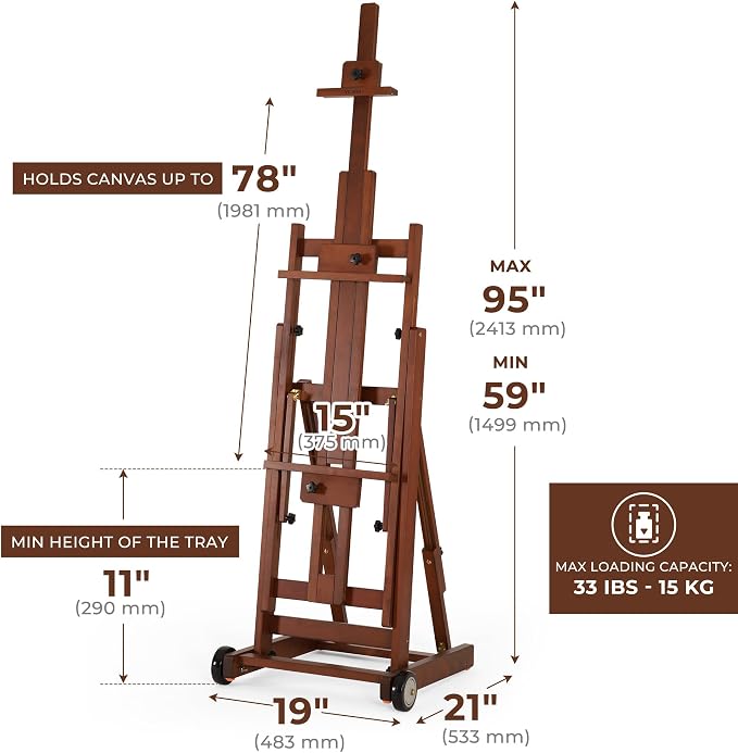 VISWIN Studio H-Frame Easel, Tilting Flat & Adjustable Beech Wood Art Easel for Painting, Movable Large Easel Stand for Adults, Artists, Hold 1 or 2 Canvas up to 78" - Walnut Brown