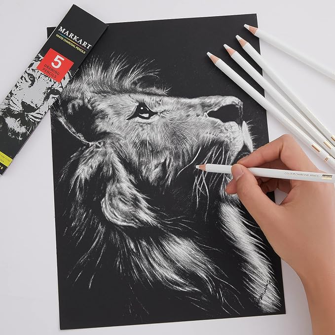 MARKART Professional White Charcoal Pencils Set, 5 Pieces | Sketch Highlight Charcoal Pencils for Drawing, Sketching, Shading, Blending, White Chalk Pencils for Beginners & Artists