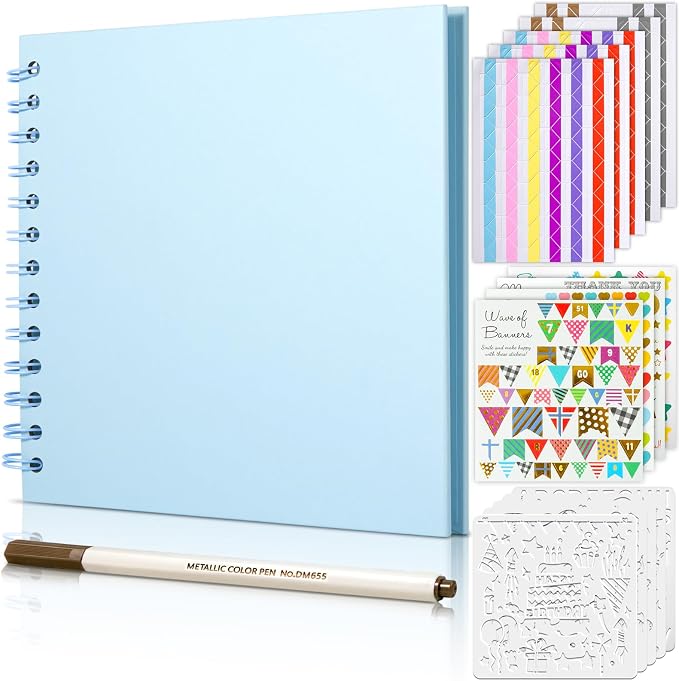GOTIDEAL 7 x 7 Inch Scrapbook Album with Metallic Markers, Blue, 40 Pages | Kraft Paper Photo Albums for Wedding & Anniversary, Family DIY Scrap Books with Scrapbooking Stickers Corners