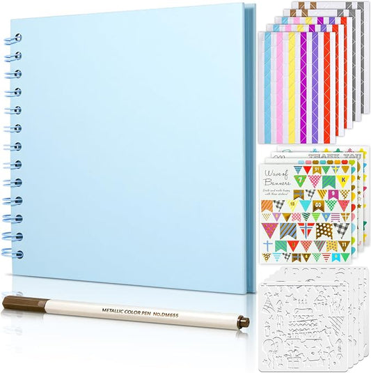 GOTIDEAL 7 x 7 Inch Scrapbook Album with Metallic Markers, Blue, 40 Pages | Kraft Paper Photo Albums for Wedding & Anniversary, Family DIY Scrap Books with Scrapbooking Stickers Corners