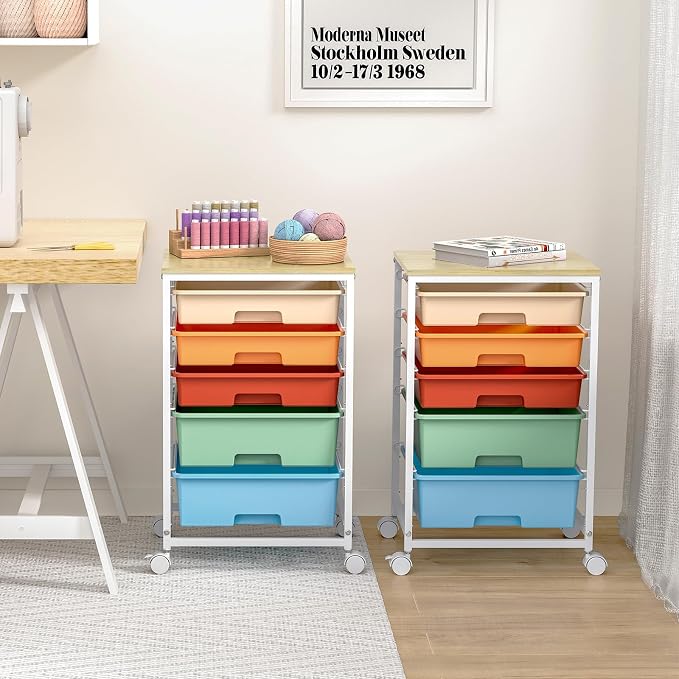 SYKIARIOL Utility Cart with Drawers,5 Drawers Storage Cart,Macaron | 5-Tiers Storage Cart with Drawers with Lockable Wheels for Craft Organizers and Storage,Home Office,Classroom,Dorm,Playroom