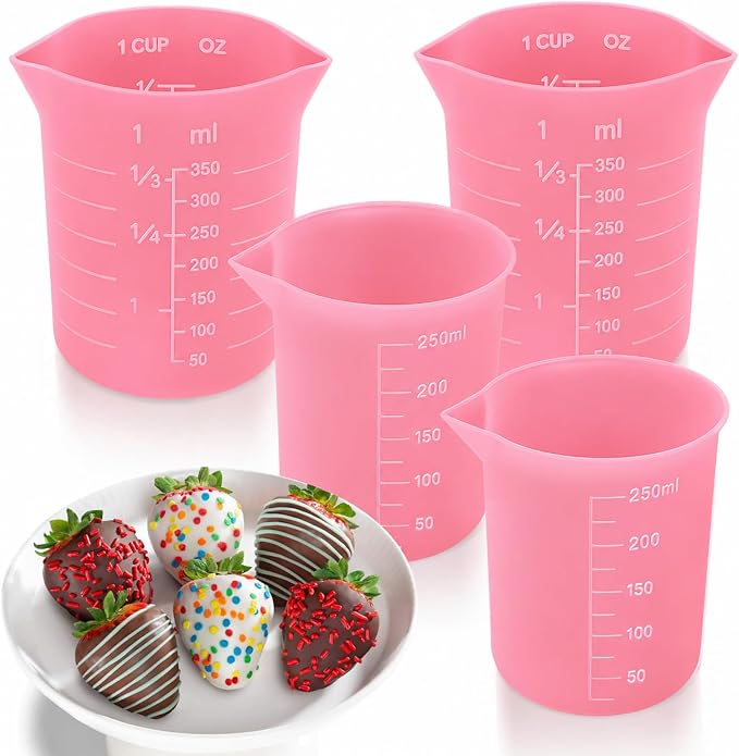 Palksky Silicone Cups for Melting Chocolate, 4PCS Pink Silicone Measuring Cups with 1 Cup & 1.5 Cup Capacity, Reusable Baking Supplies for DIY Chocolate Molds, Melting Chocolate