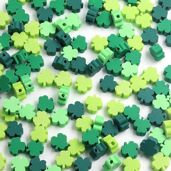 100 Pcs St. Patrick's Day Polymer Clay Beads Mixed Heishi Spacer Bead Charms Supplies for DIY Bracelet Earring Necklace Jewelry Making (Clover)