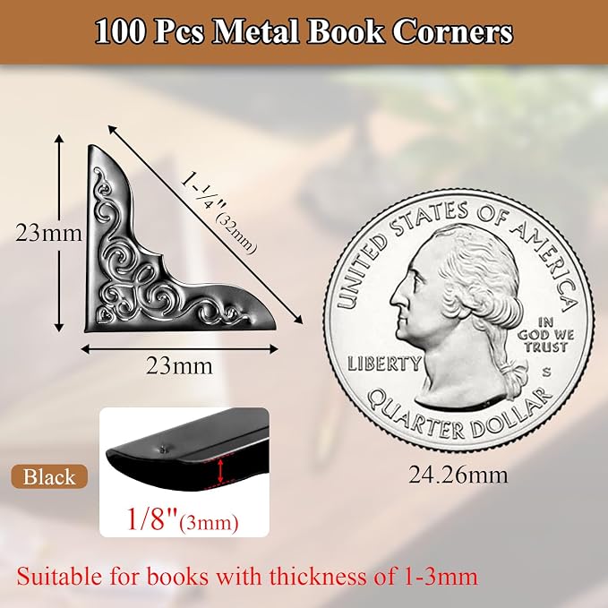 100pcs Metal Book Corner Protectors,Black Decorative Scrapbooking Photo Mounting Corners, Paperbacks Book Edge Protectors Picture Frame Crafting DIY Crafts, Journal Album Edge Guards