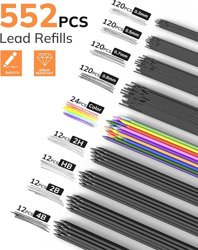 Four Candies 27PCS Metal Mechanical Pencil Set, Art Supplies with Case | 0.3, 0.5, 0.7, 0.9 mm & 2PCS 2mm (HB 2H 2B 4B Color) with 552 Lead Refills, Technical Drafting Drawing Kit for Teen & Adults
