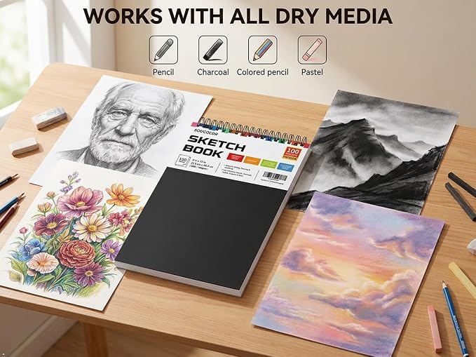 Soucolor Sketch Book 9" x 12", 100 Sheets Kids Art Sketchbook Drawing Pad | 68lb Acid-Free, Fine-Texture Paper, Top Spiral for Lay-Flat, Gift for Teens Girls Boys Beginners Adults, School Art Supplies