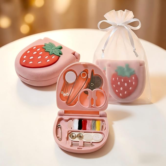 2 Pack Mini Travel Sewing Kit, Portable Emergency Sewing Box with Scissors, Needles, Threads, Compact Clothing Repair Set for Travel, Purse, Office, College Dorm (3D Strawberry Red)