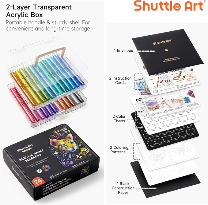 Shuttle Art Automatic Ink Control Acrylic Paint Markers, 24 Metallic Colors Brush Tip Acrylic Paint Pens for Rock Painting, Ceramic, Wood, Canvas, Glass, Stone, Fabric, Card, DIY Football Crafts